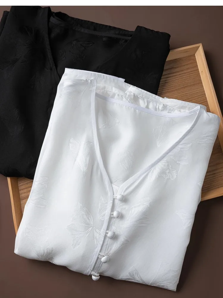 Birdtree 20MM 100% Silk Solid Shirt, Women Jacquard Satin Lantern Sleeves V-neck Single Breasted Blouse, 2026 New T58218JF