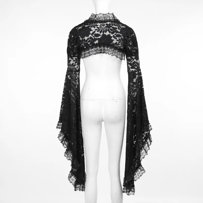 Gothic Classic Lace Cover Ups Women Mesh Crop Top See Through Sexy Flare Sleeve Blouse Y2k Black Rave Outfit Festival