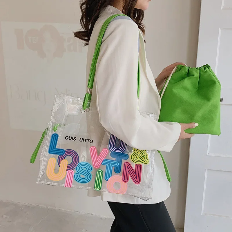 Summer Large-capacity Transparent Shoulder Bag for Women with Stylish Letter Print PVC Women's Bag Handbag