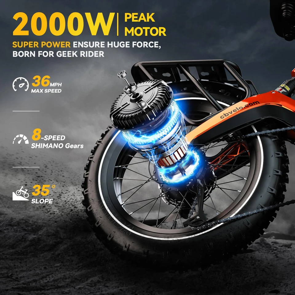Cybervelo EK6 20" x 4.0" Fat Tire Folding Ebike for Adults, 2000W Peak, 48V 25Ah Removable Battery, All-Terrain, Up to 100 Miles Long Range image 6