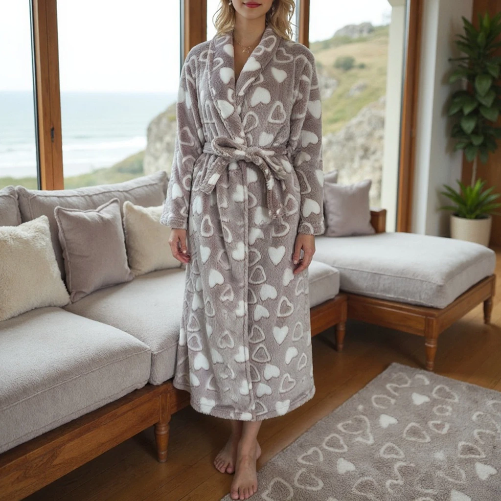 

Women's Thick Flannel Bathrobe Heart Print Long Sleeve Fuzzy Plush Shawl Collar Bath Robe with Belt