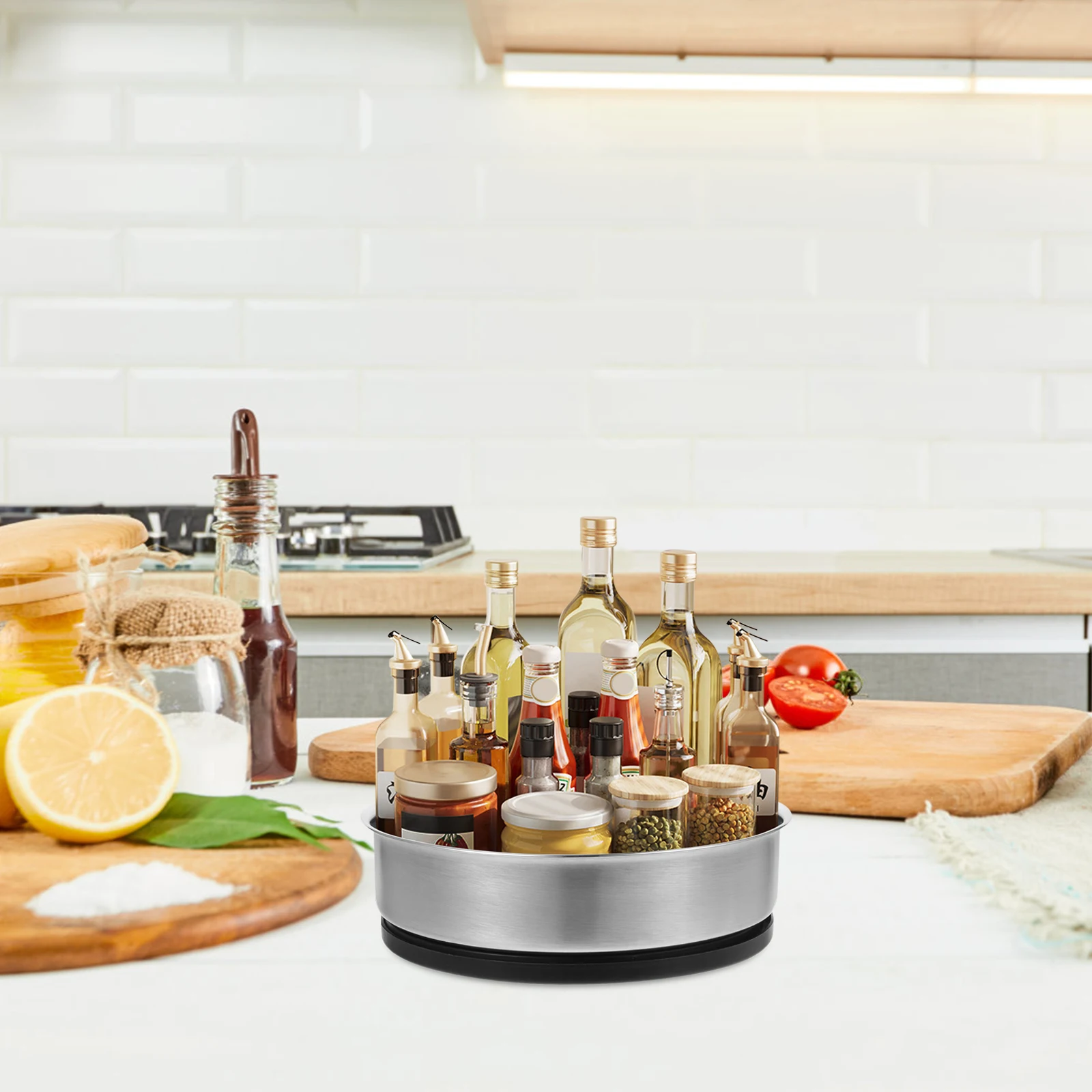 

Stainless Steel Rotating Spice Tray Organizer Storage Rack Cabinet Turntable Container Multi-Functional Kitchen Bathroom