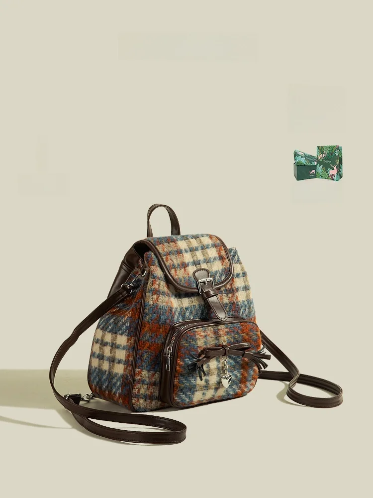 

MuziKai Large Capacity Tweed Plaid Women's Backpack Retro Style Spring Summer New Arrival College Students Double Shoulder Bag