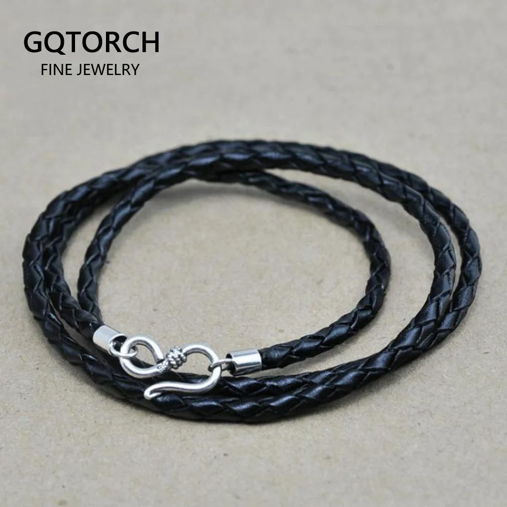 

3mm Handmade Braided Necklace Genuine Leather Black Rope Twisted 4 Strands Cord With Vintage 925 Sterling Silver Fish Hook Clasp