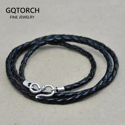 3mm Handmade Braided Necklace Genuine Leather Black Rope Twisted 4 Strands Cord With Vintage 925 Sterling Silver Fish Hook Clasp