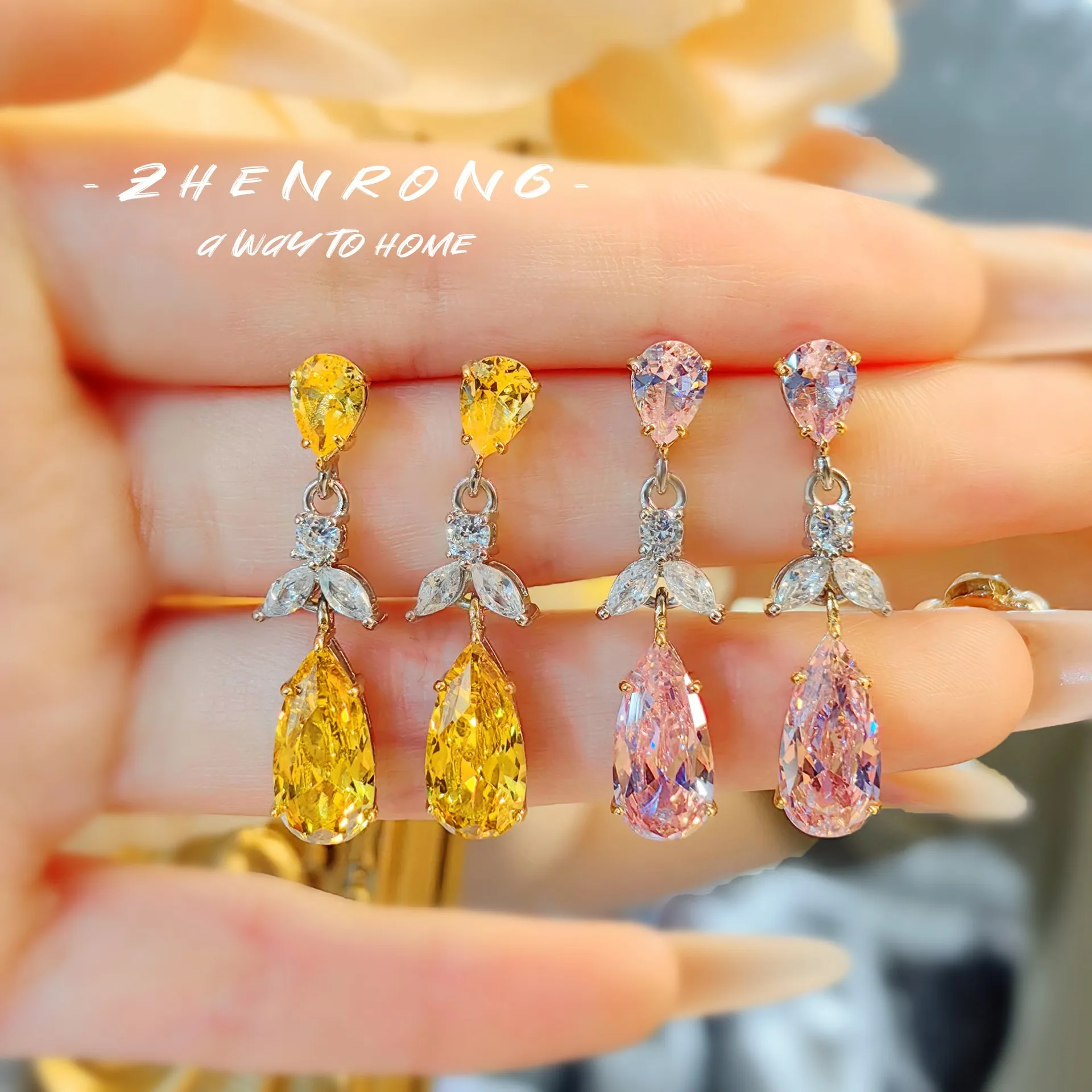 European American Luxury Water Drop-shaped Yellow/Pinkl Cubic Zirconia Earrings Women's Elegant Silver Color Long Drop Earring