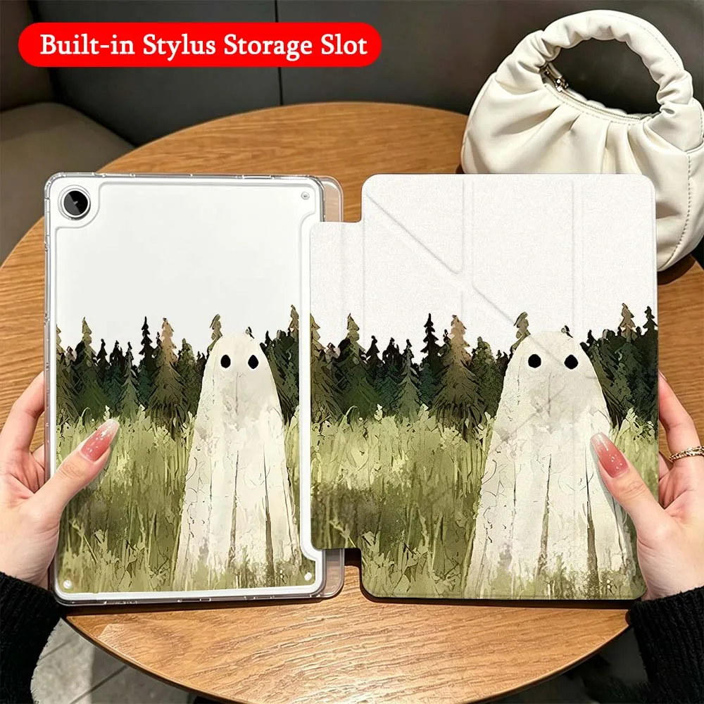 Cartoon Ghost Field House For Samsung Galaxy Tab A9 A8 A11 S6 S7 S8 S9 S10 FE Plus Lite Transparent Y-Shaped Folding Tablet Case