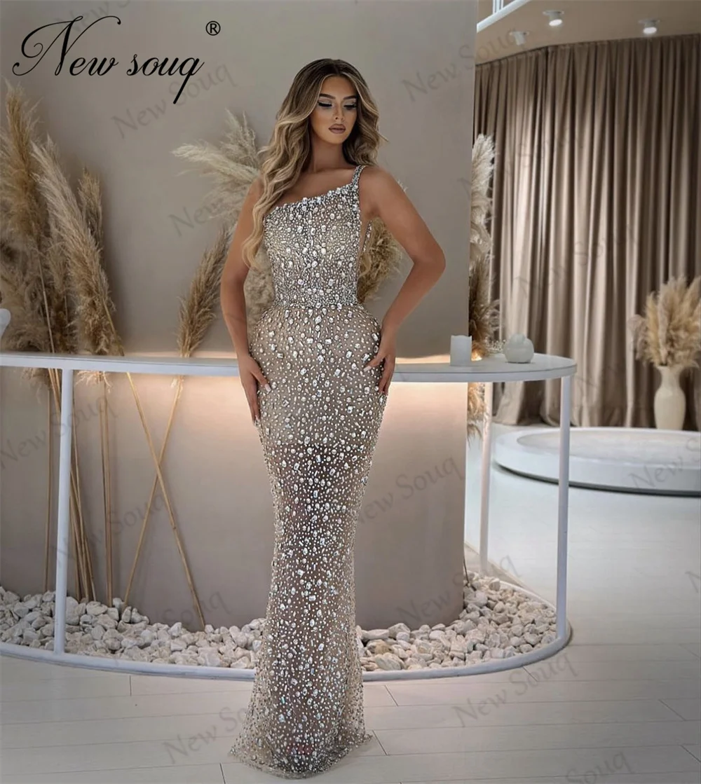 Full Beaded Mermaid Party Dresses One Shoulder Women Champagne Crystals Prom Dress Plus Size Dubai Engagement Evening Gowns Robe