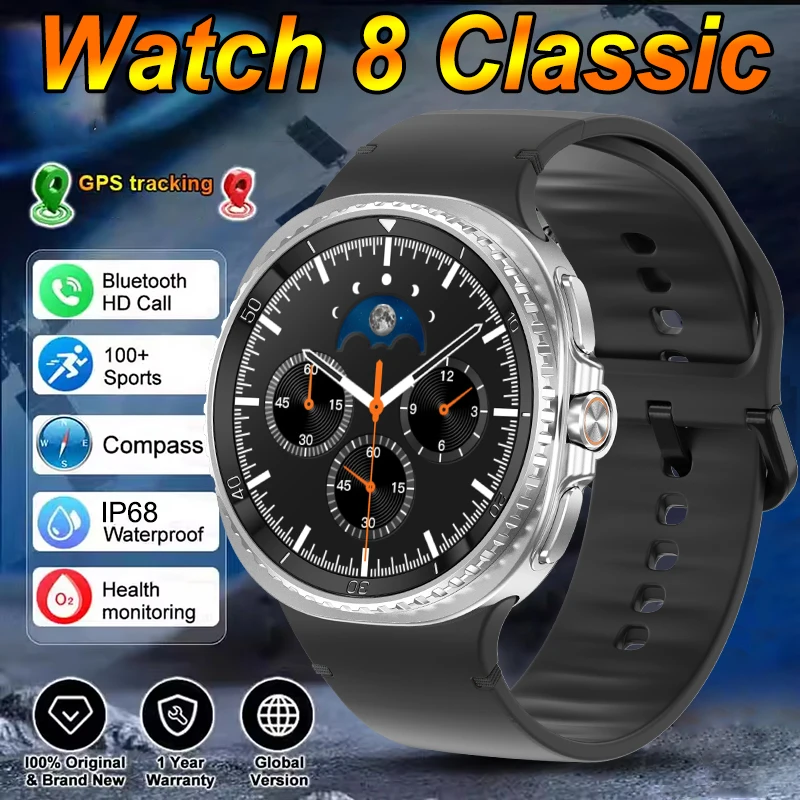 Nowy Smartwatch 8 Classic 2025 dla mężczyzn, ekran AMOLED, połączenia Bluetooth, śledzenie GPS, pomiar tętna, wodoodporność IP68, smartwatch kompatybilny z Samsung