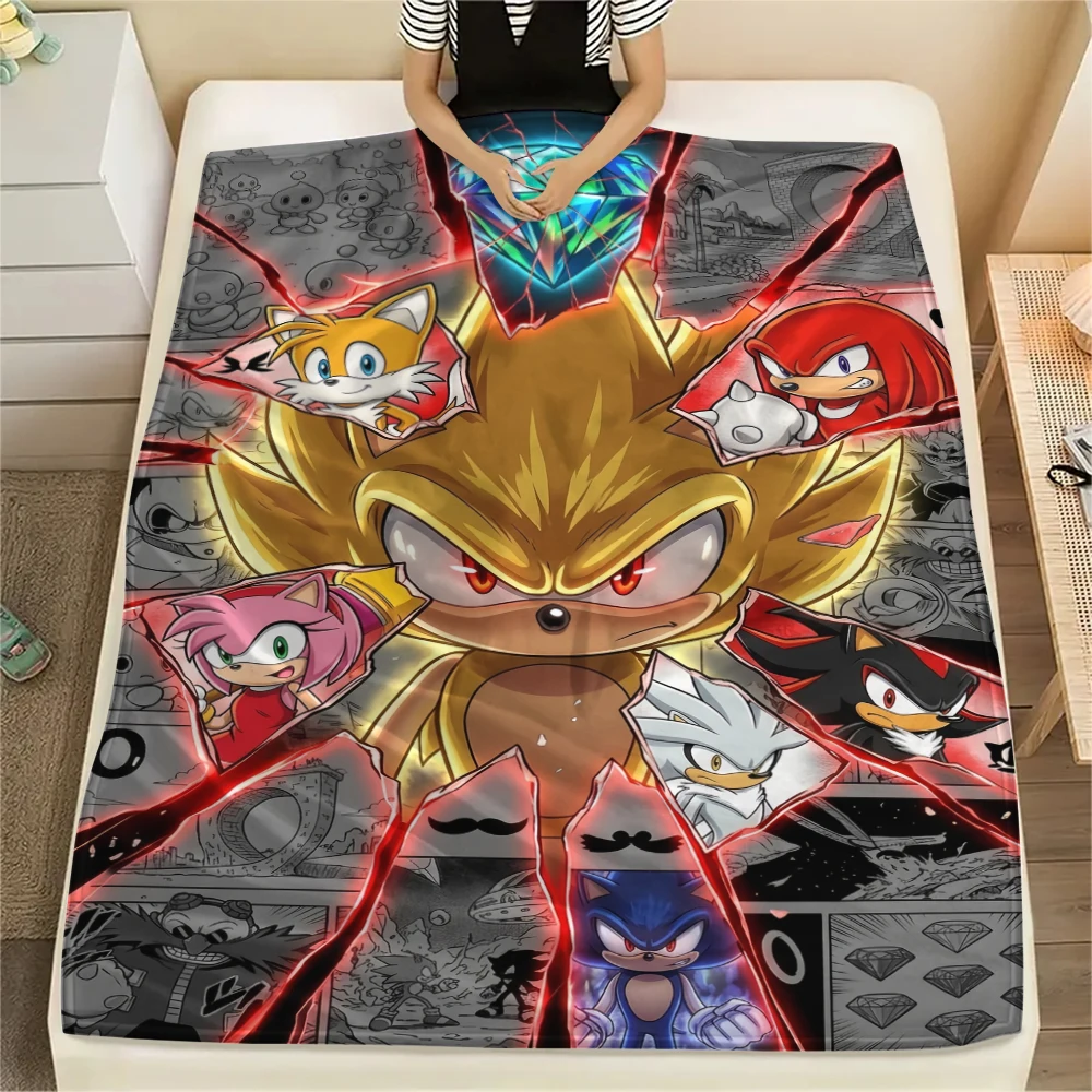 Cartoon Sonic Printed Flannel Blanket Warm Comfortable Throw for Bed Couch Sofa Picnic Travel Essential Game Fans Gift-Xin