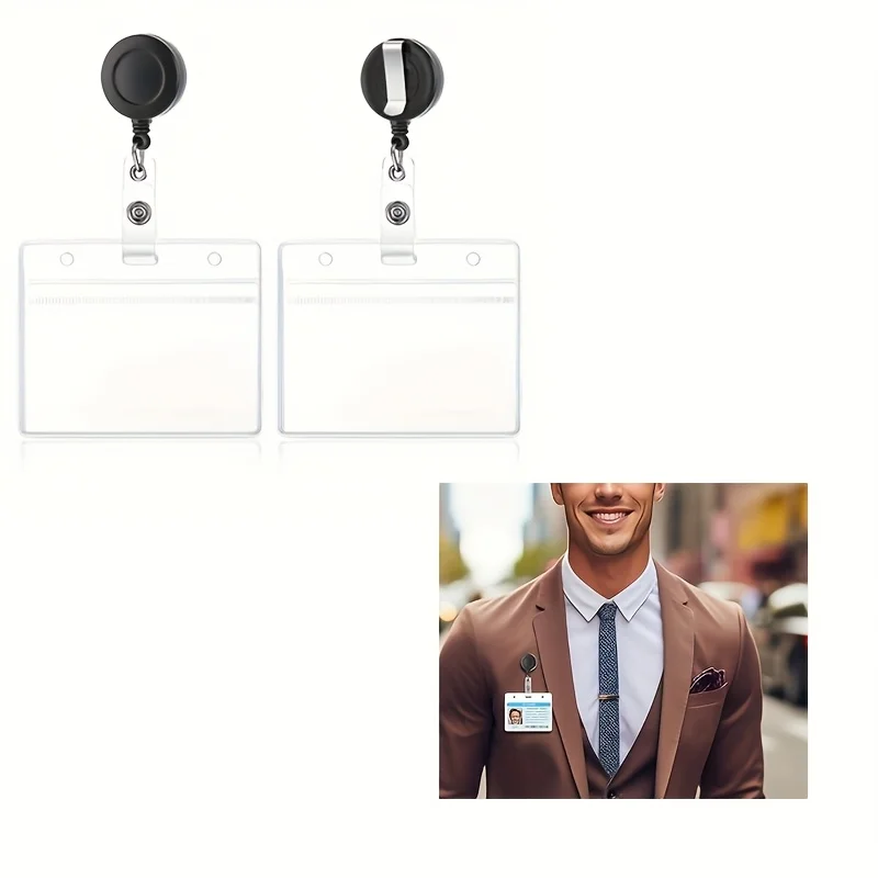

2 Pack Clear Plastic Retractable Badge Holders with Horizontal ID Name Tags - Badge Reels for Nurses, Doctors, Teachers