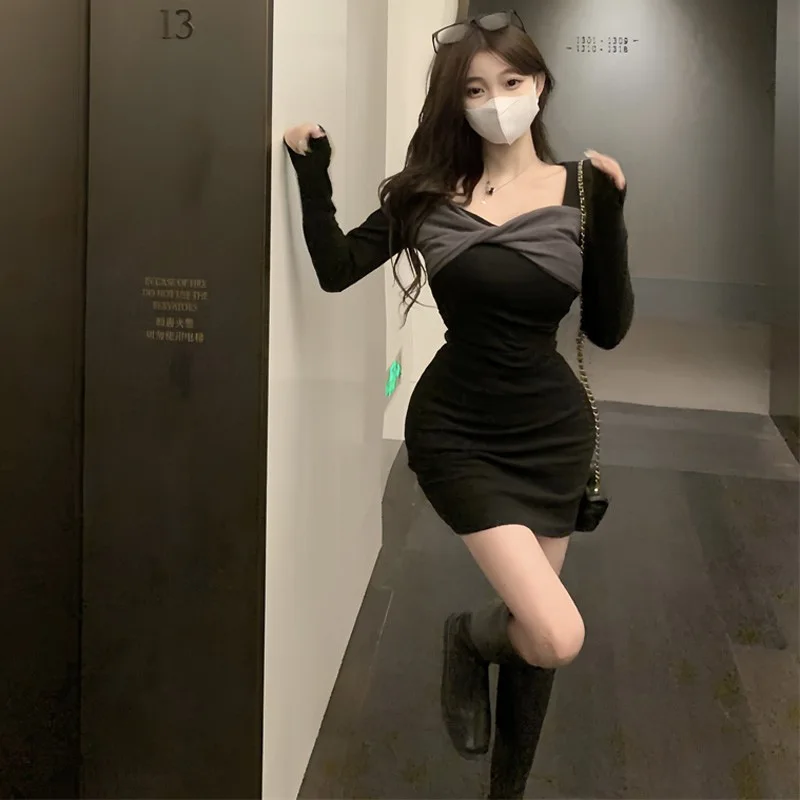 Women New Hight Waist Short Dress Square Collar Tight Hip Hugging Color Blocking Slimming Fit Dress Spring Autumn New Style