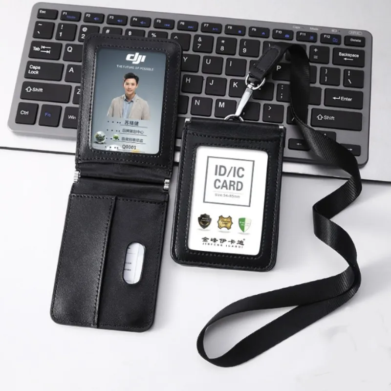 

High Quality Genuine Leather ID Card Set Sleeve Holder Badge Case Clear Bank Credit Card Clip Badge Holder Accessories