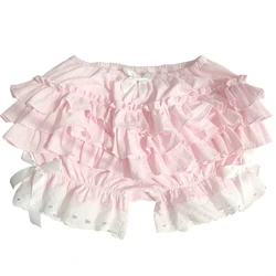 Sweet Layered Ruffled Lace Pink Pumpkin Shorts for Women Girls Japanese Style Vintage Victorian Bowknot Bloomers Pant