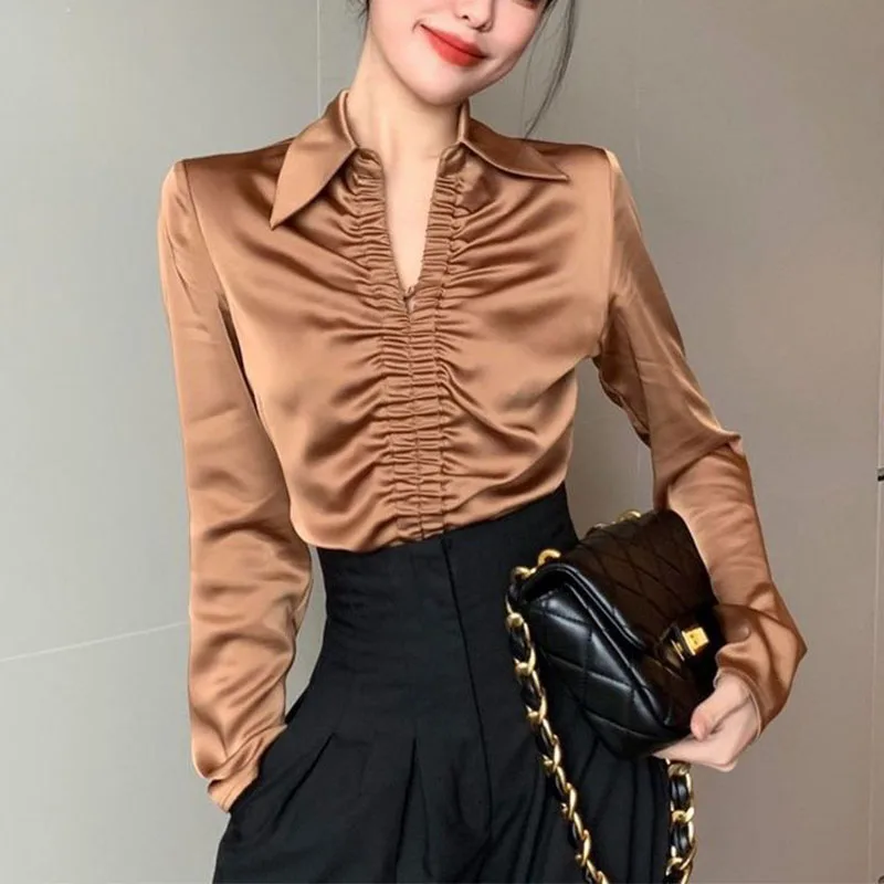 Vintage Black Satin Fabric Shirt Women Spring New Long Sleeve Folds Shirring V-neck Solid Color Texture Chic Elegant Tops 2024