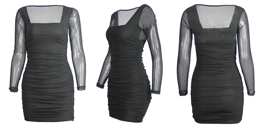 Zeyla-vestido ceñido con cuello cuadrado para mujer, mangas largas de malla, fruncido, Mini ajustado, Sexy, estético INS, ropa de calle para cita