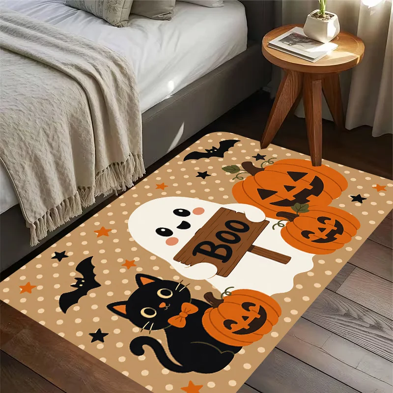 Cute Pink Leopard Print Boo Pumpkin Witch Hat Spider Web Non Slip Halloween Front Porch Welcome Floor Rug
