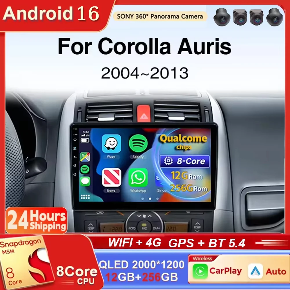 For Toyota Auris 2007 2008 2009 2010 2011 2012 2013 Android 16 Carplay Auto GPS Navigation Radio Multimedia Player 2Din Head Uni