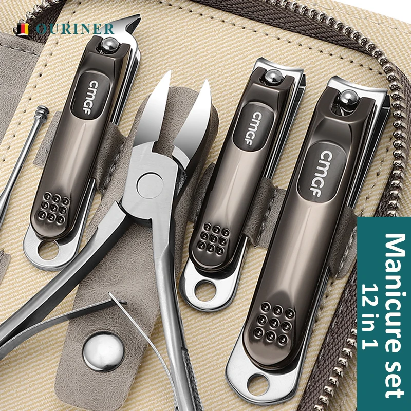 Manicure Set With Morandi Grey Top-Grade Full Grain Cow Leather Packaging Nail Clipper Kits Perfect Gift Friends Family