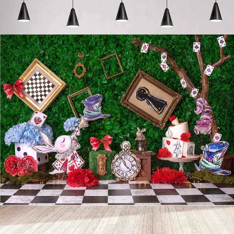 

Tea Party Photography Backdrop Fairy Tale Green Grass Magic Hat Rabbit Checkerboard Rose Flower Cards Garden Birthday Background