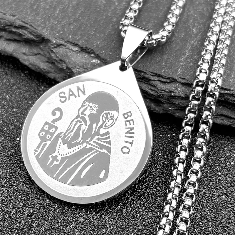 Catholic Medal of San Benito Necklace for Women Men Stainless Steel Gold Silver Color St. Benedict Medallion Collar Jewelry