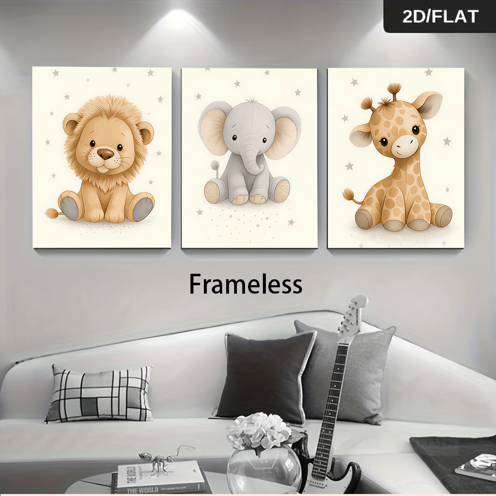 1 set of cute cartoon animal triptych frameless decorative paintings featuring lions, elephants, giraffes, 2D plan