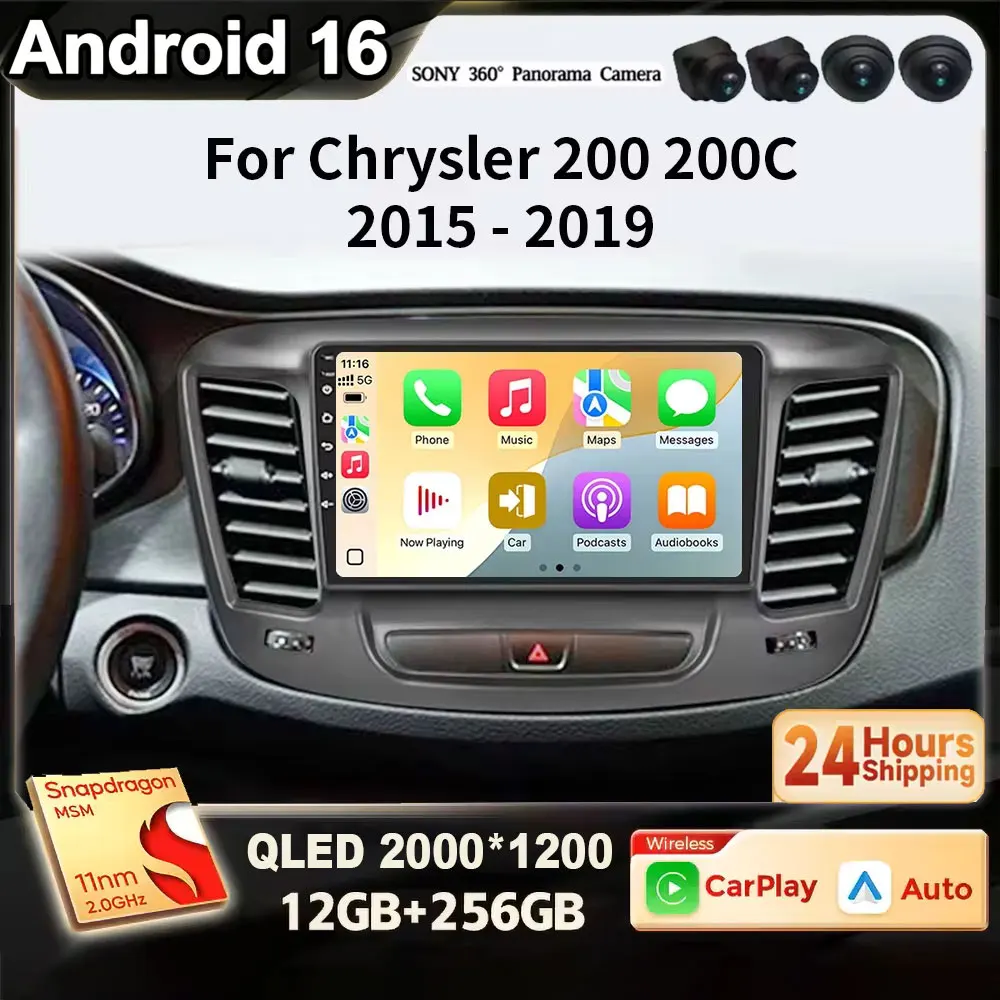 For Chrysler 200 200C 2015 - 2019 Android 16 2K QLED Carplay Auto radio Car Multimedia IPS LED Navigation GPS DVD 5G Wifi BT