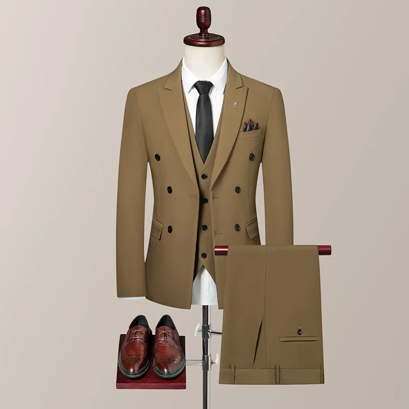 Double Breasted British Three Piece Suit Vest Trousers Slim Fit Wedding Bridegroom Smart Casual Four Seasons Fashion Handsome