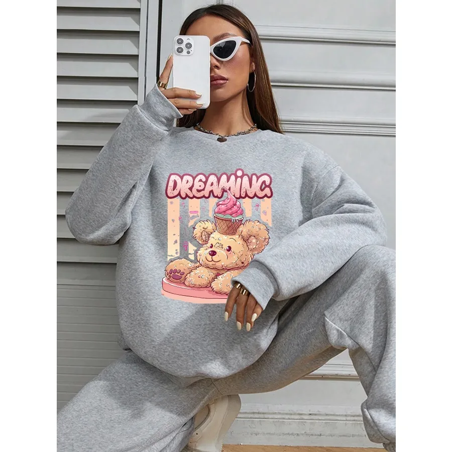 Women Basic Casual Pullover Spring Autumn Long Sleeve Pink Bear Printed Round Neck