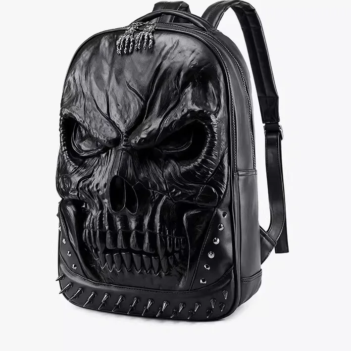 Punk Rock 3D Stereo Skull Head Rivet Motorcycle Knight Dark Style Backpack Street Cool Trendy Shoulder Bag for Youth Male Female