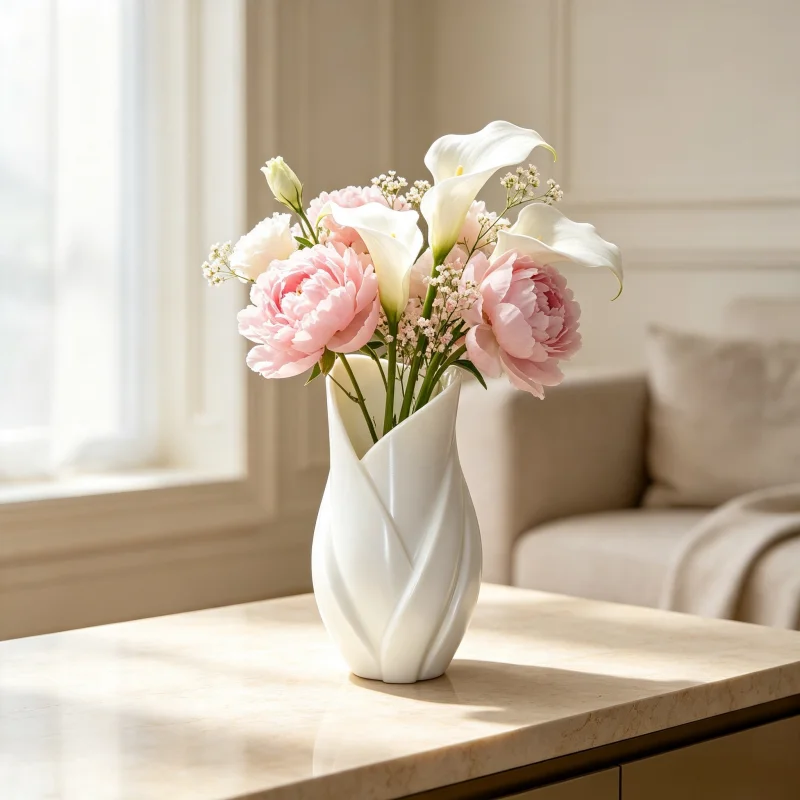 Wabi-Sabi Style Natural Organic-Shaped Vase, 3D Printed White Petg Matte Texture Flower Vessel, Leaf Texture Wrapped Petal Opening, Smooth Curve Sculptural Flower Arrangement Container, Waterproof and Shatterproof, Stable and Sturdy, Suitable for Dried Flowers, Fresh Flowers, Artificial Flowers, Living Room, Entryway, Dining Table, Bedroom Decorative Piece, Nordic Scandinavian Style Soft Decor, Creative Housewarming Gift, Trendy Home Decor Item