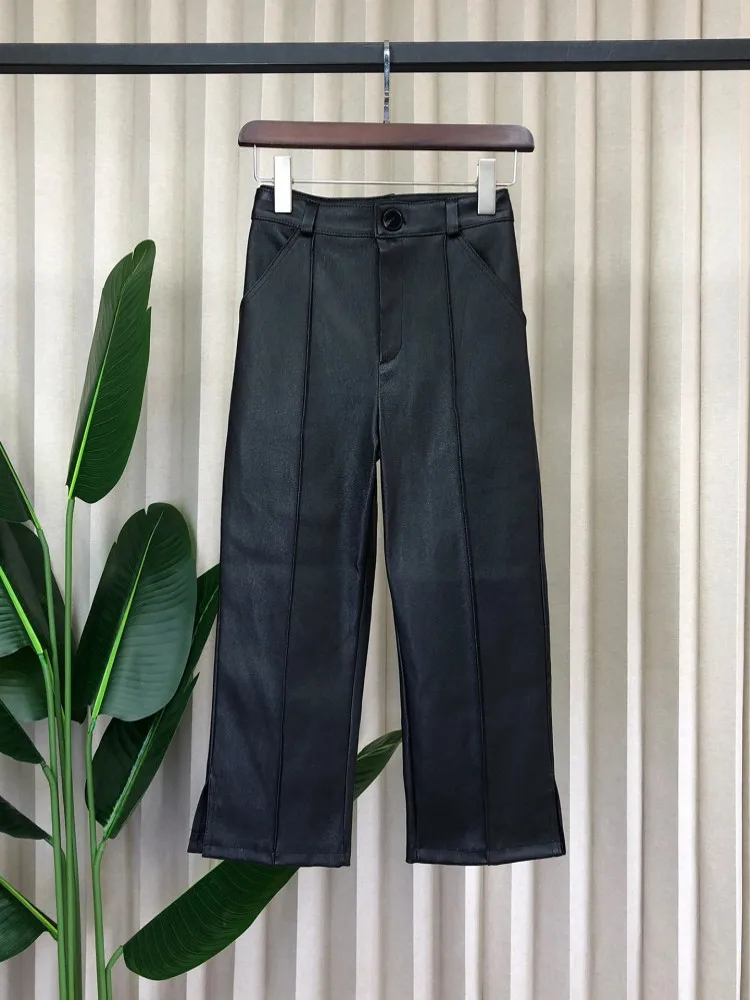 Fashion Women Autumn Genuine Leather Solid Color Pants High Waist Casual Office Lady Wide Leg Trousers Sheepskin Straight Pants