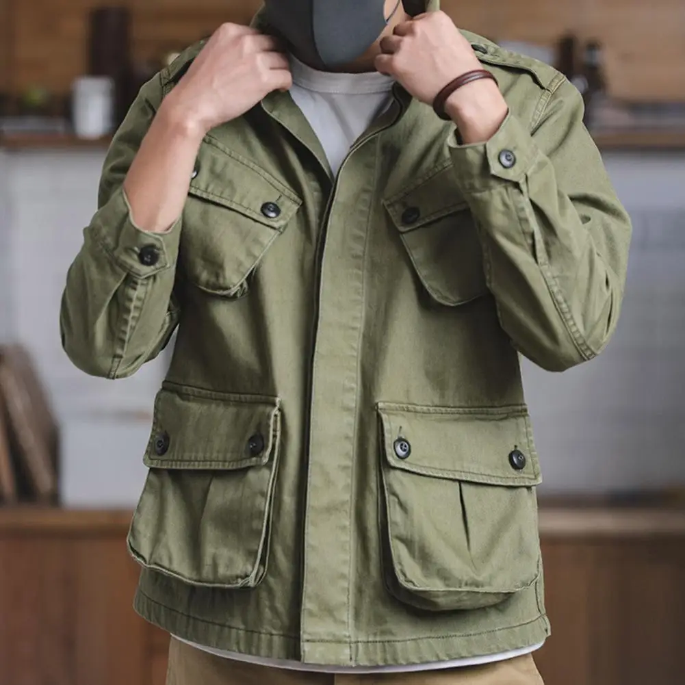 Work Style Jacket with Multiple Pockets Men Cargo Coat Lapel Long Sleeve Solid Color Buttons Closure Autumn Casual Outwear