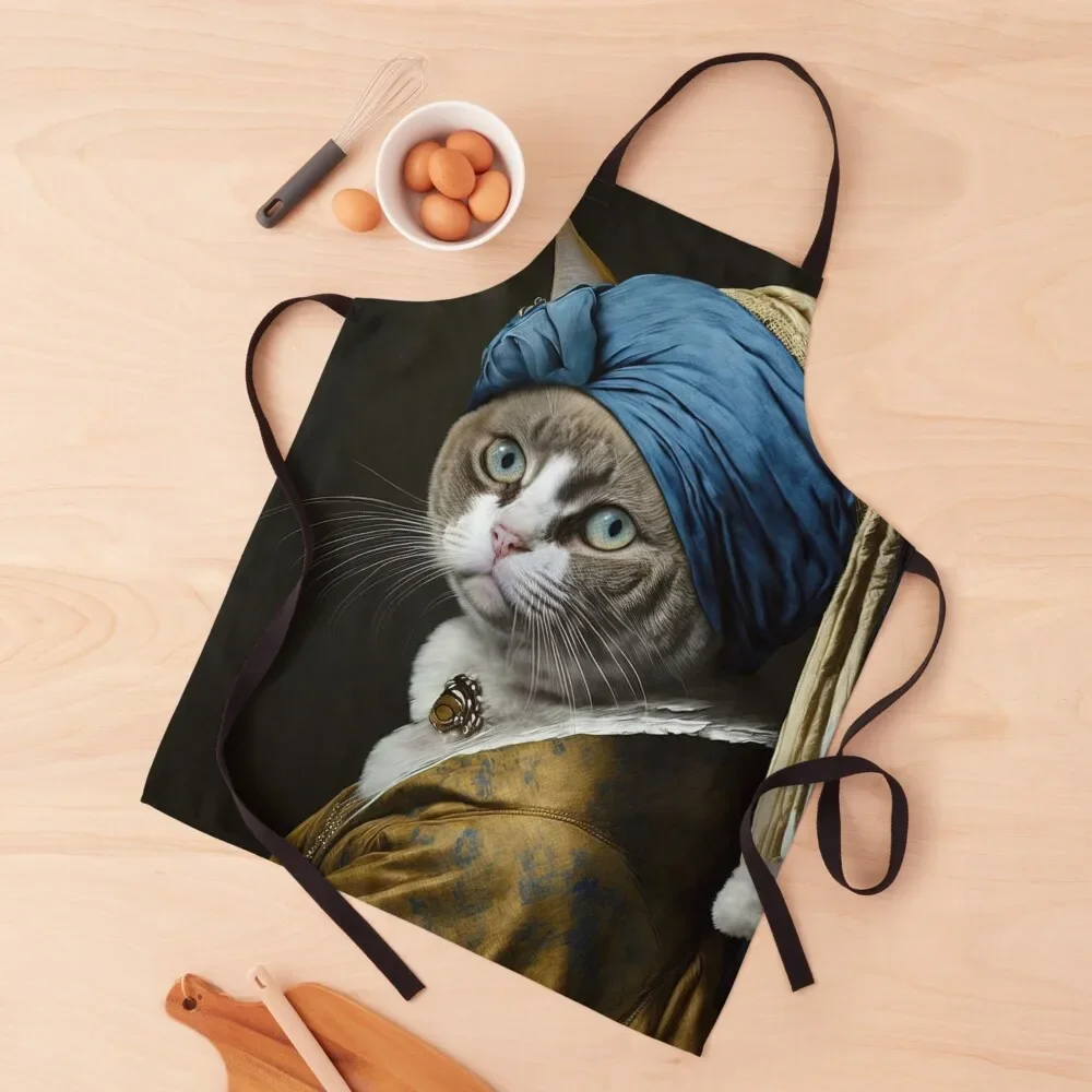 Johannes Vermeer cat with a pearl earring Apron Home And Kitchen cleanings kitchen girl chef costume Apron