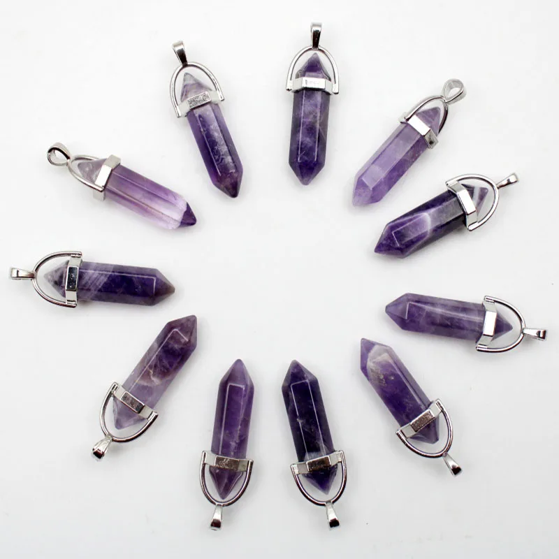 Amethyst Pendant Natural Stone Crystal Pillar Pendulum Pendants Necklaces for Making Jewelry 12 24 36 Pcs Accessories Wholesale