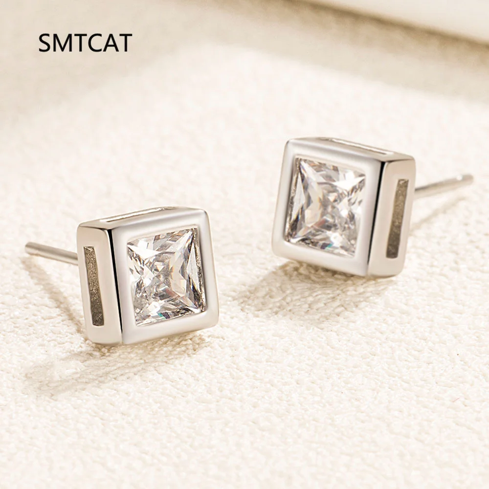 Real 1 Carat Princess Cut Simulated Moissanite Diamond Stud Earrings for Women Party Fine Jewelry S925 Sterling Silver Earring