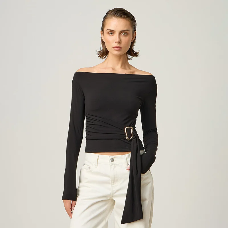 

Chic Women Sexy Off Shoulder T-shirt Winter Long Sleeve Slim Fit Crop Top Y2K Vintage Harajuku Black Tees Elegant Female Clothes