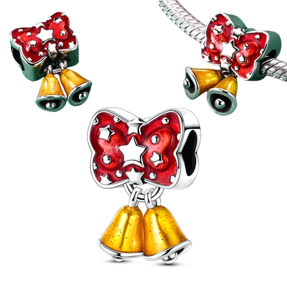 

2025 Christmas 925 Sterling Silver Red Star Bells Charms Beads Fit DIY Original Bracelets Party Jewelry Festival Gifts for Girl