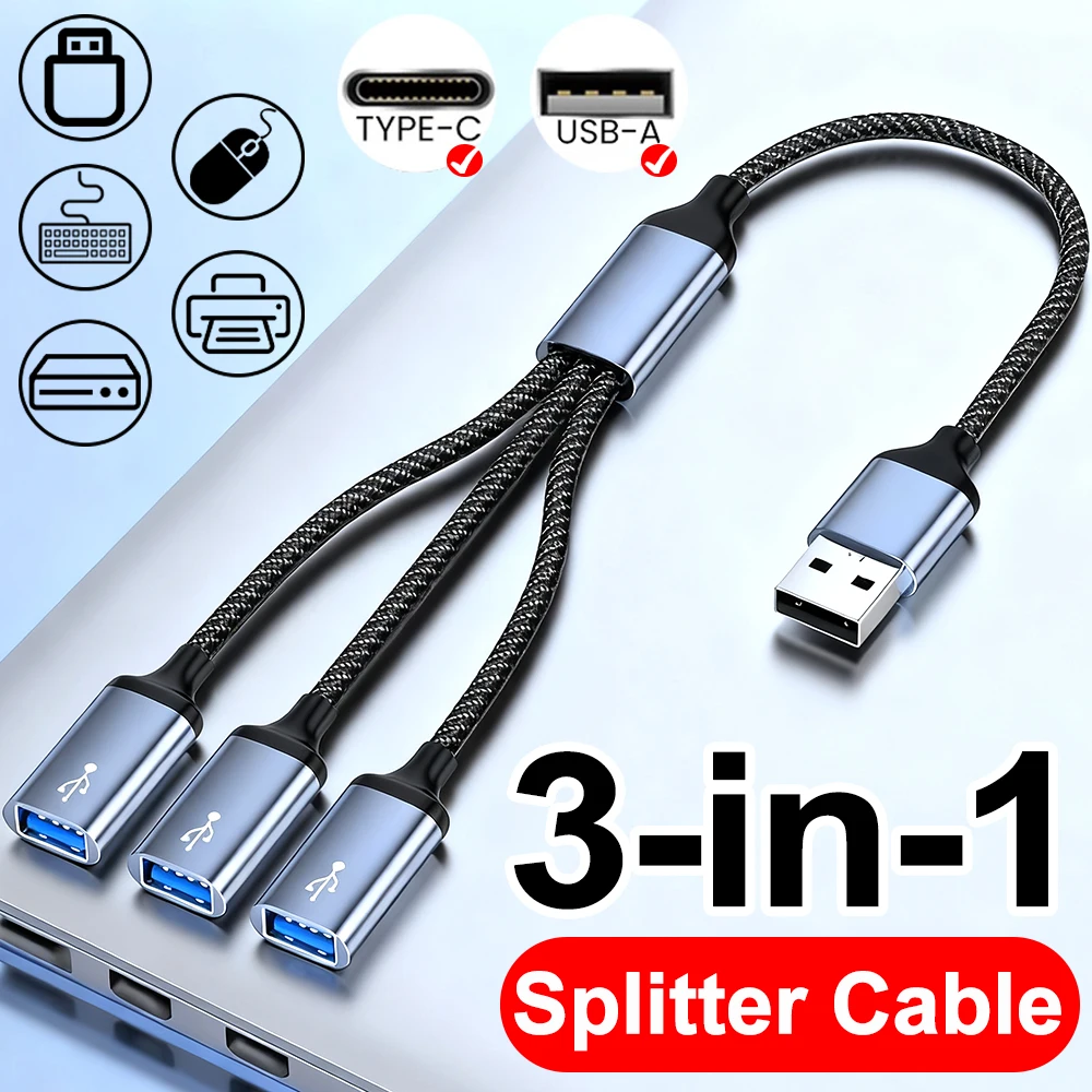 3 in 1 USB Type C Splitter Cable Charging Data Transmission Extender Cord USB 2.0 Type C Hub Splitter Cables for Laptop Mac Car