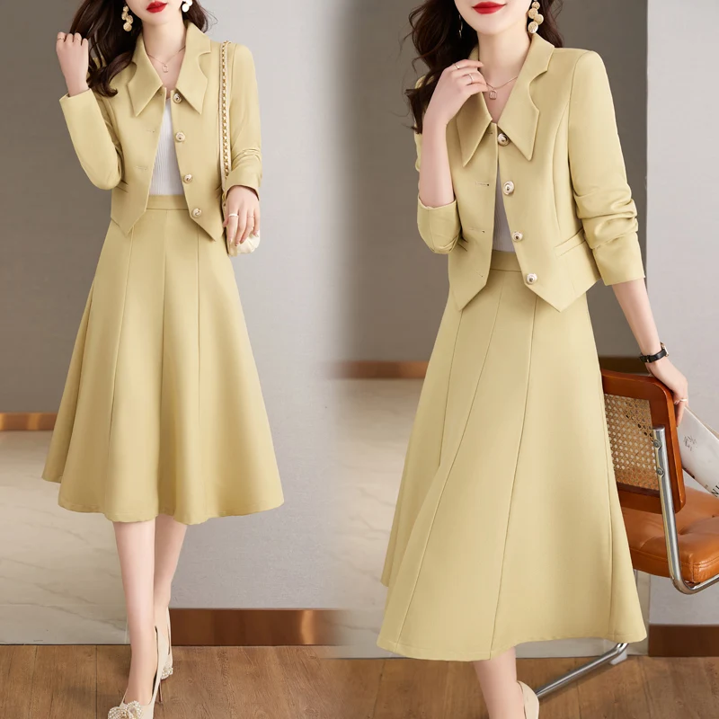 2026 New Korean Blazer Two-piece Suit Women's Casual Office Sets Spring Autumn Short Jacket A-line Maxi Skirts Slim 2-piece Sets