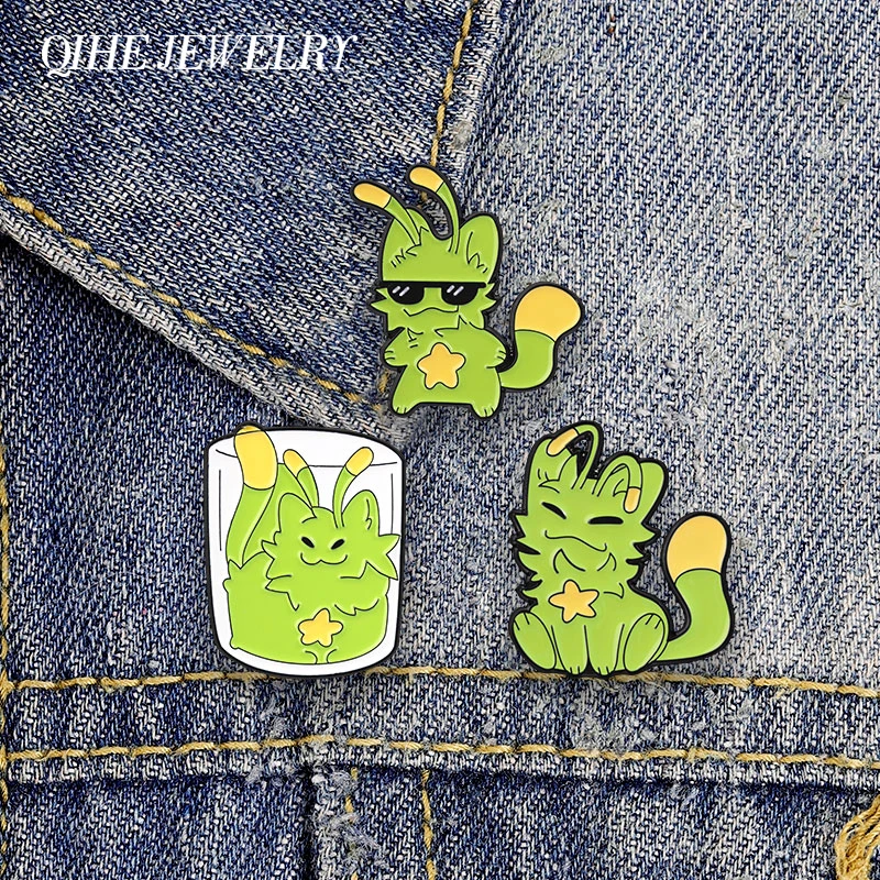 Broche Étoile Jaune en Émail, Motif Chat Alien Mignon avec Antennes, Mème de Jeu Anime, Bijou Cadeau pour Sac, Revers, Chapeau