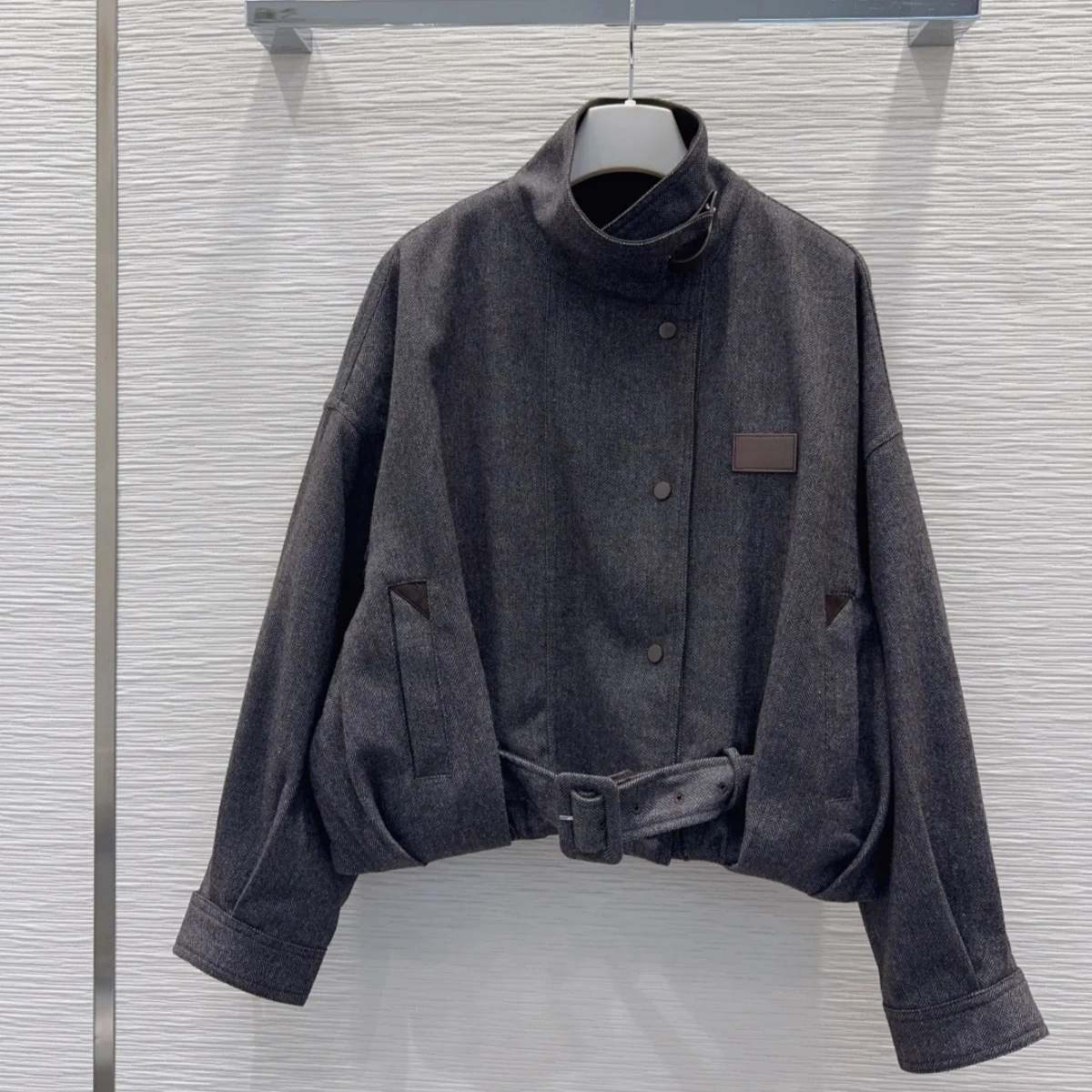 2026 Women Grey Herringbone Wool Blend Jacket Stand Collar Belted Cropped Coat26102302