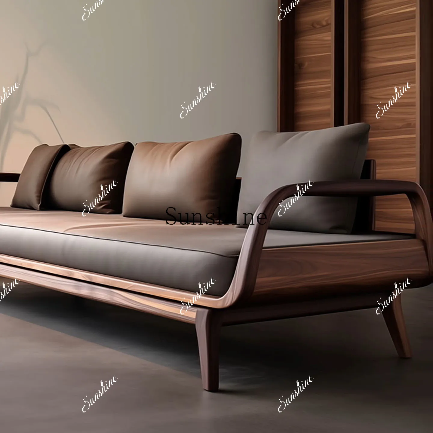 

North American black walnut leather sofa combination villa living room size minimalist light luxury straight row FT