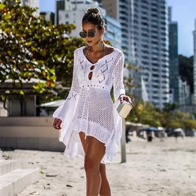 Spring Summer Hollow-out Sunscreen Shirt Flared Sleeve Beach Blouse Bikini Blouse European Beauty Sweater Black