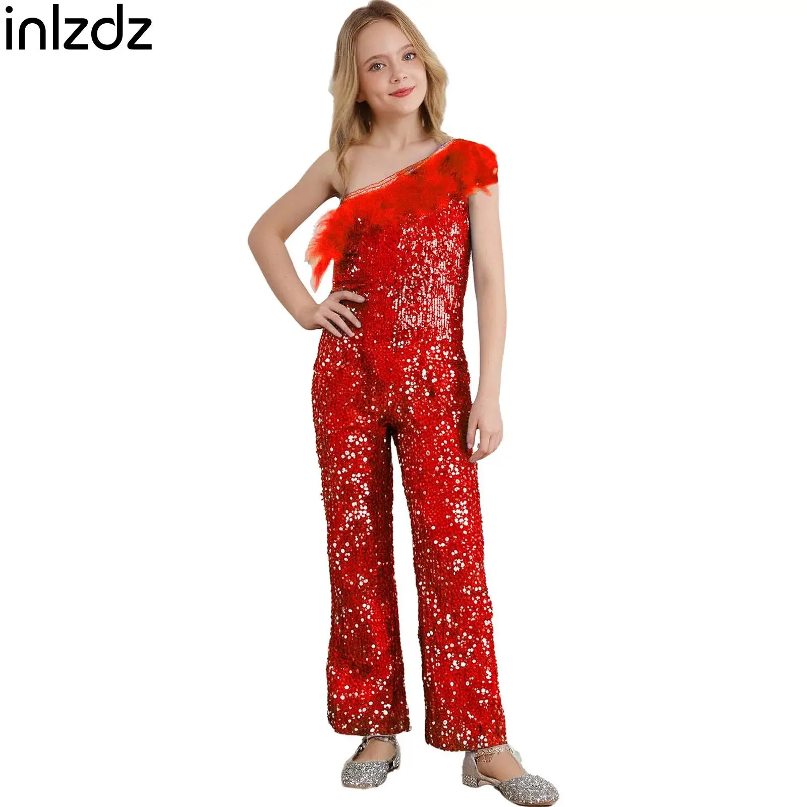 

Girls Stylish One Shoulder Sleeveless Sparkly Sequins Feather Faux Diamond High Waist Jumpsuit for Banquet Pageant Wedding Prom