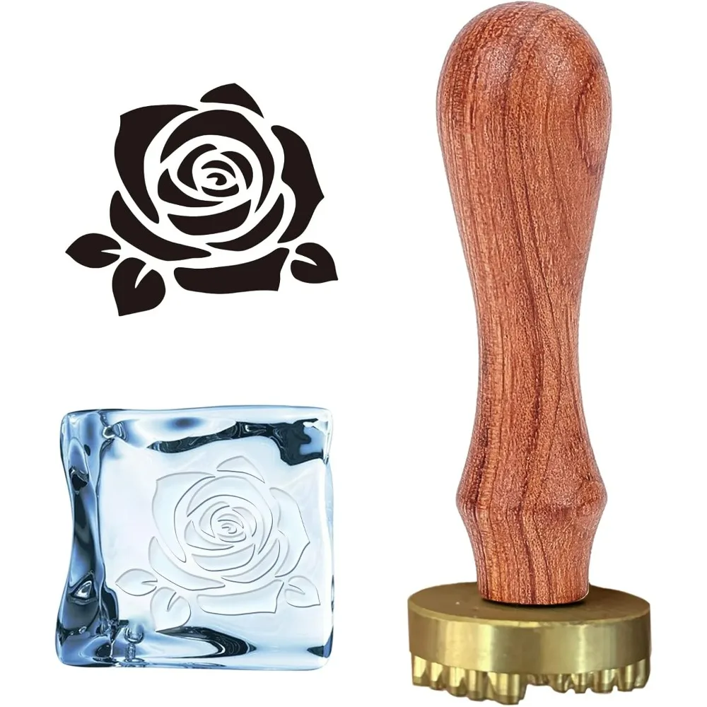 Ice Stamp Flower Ice Cube Stamp Rose Ice Branding with Removable Brass Head & Wood Handle Vintage 1.2