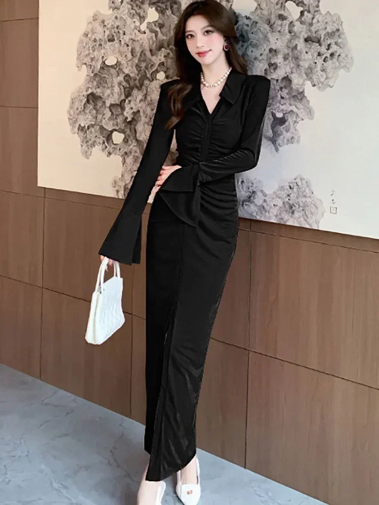 

Женское корейское винтажное платье для выпускного вечера 2025 года, черное плиссированное облегающее платье с длинным рукавом и воротником-поло, осень-зима, элегантное повседневное домашнее платье