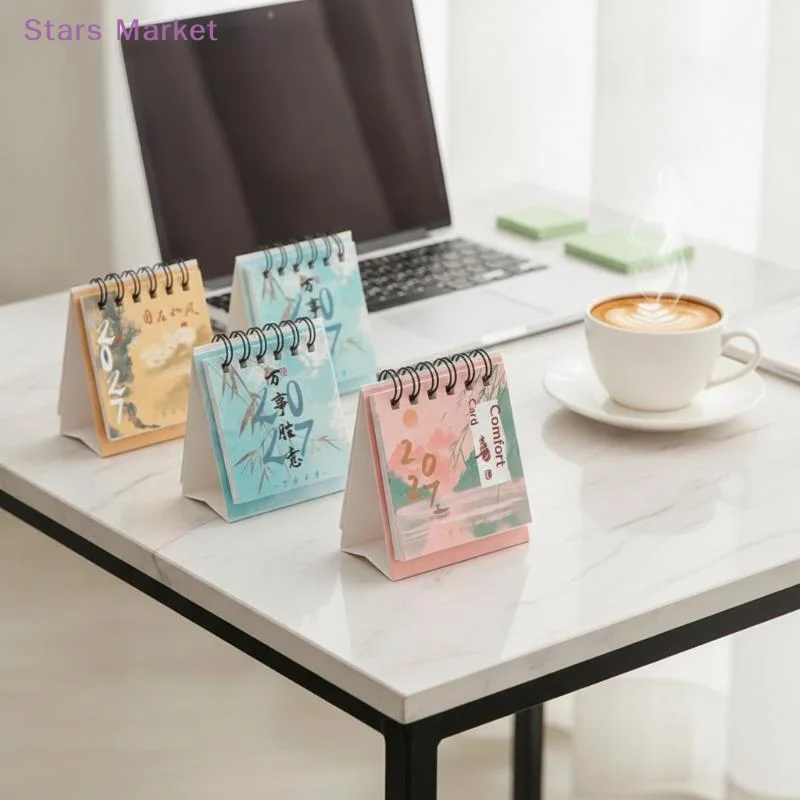 New Mini 2027 Spiral Desk Calendar Traditional Chinese Aesthetic Print Portable For Office Home Daily Schedule Planning