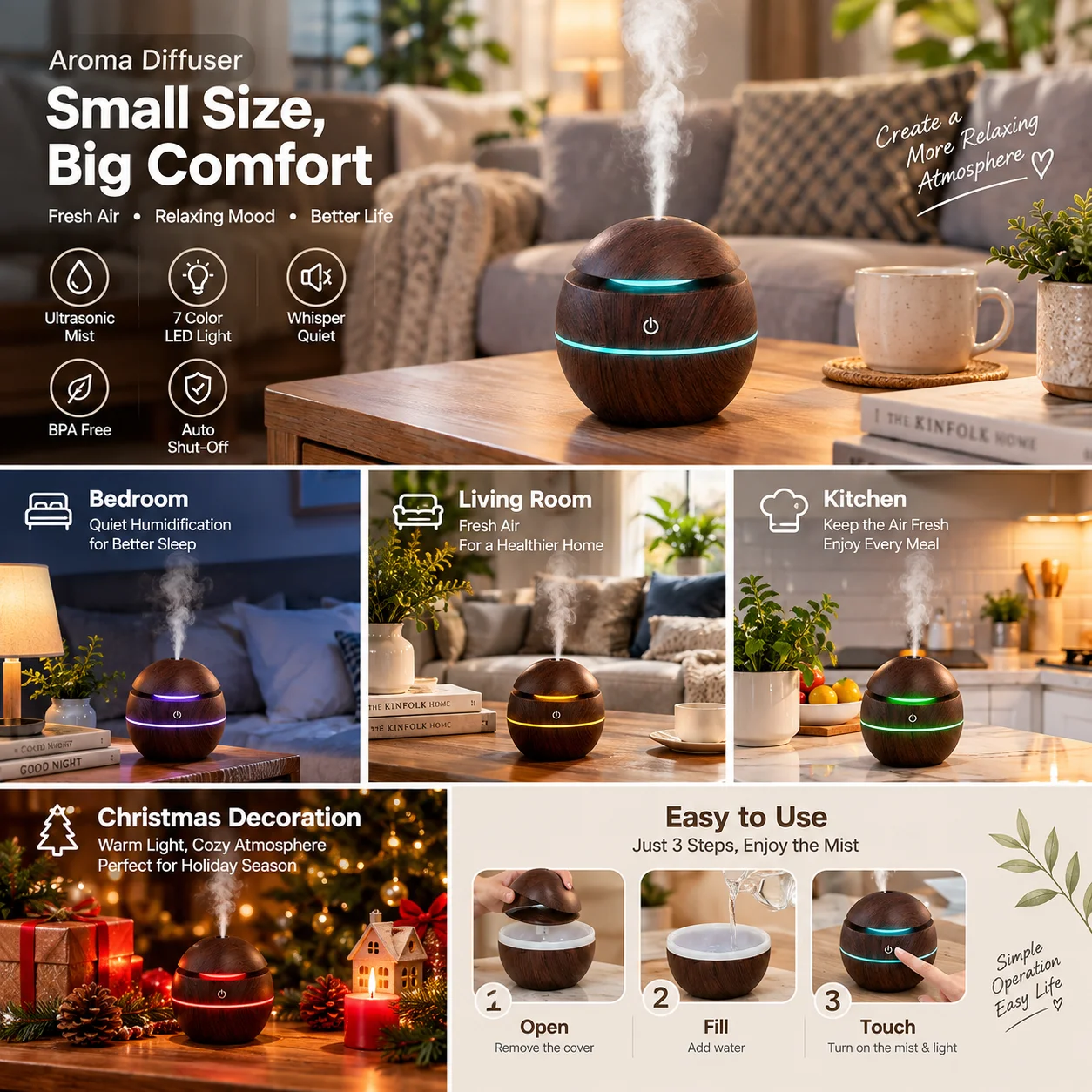 HONSUN Humidifier for Bedroom & Office, Wood Grain Essential Oil Diffuser with 7 Color LED Night Light, Portable Cool Mist Mini Humidifier for Desk, Quiet USB Aromatherapy Diffuser, Small Home Decor & Gift