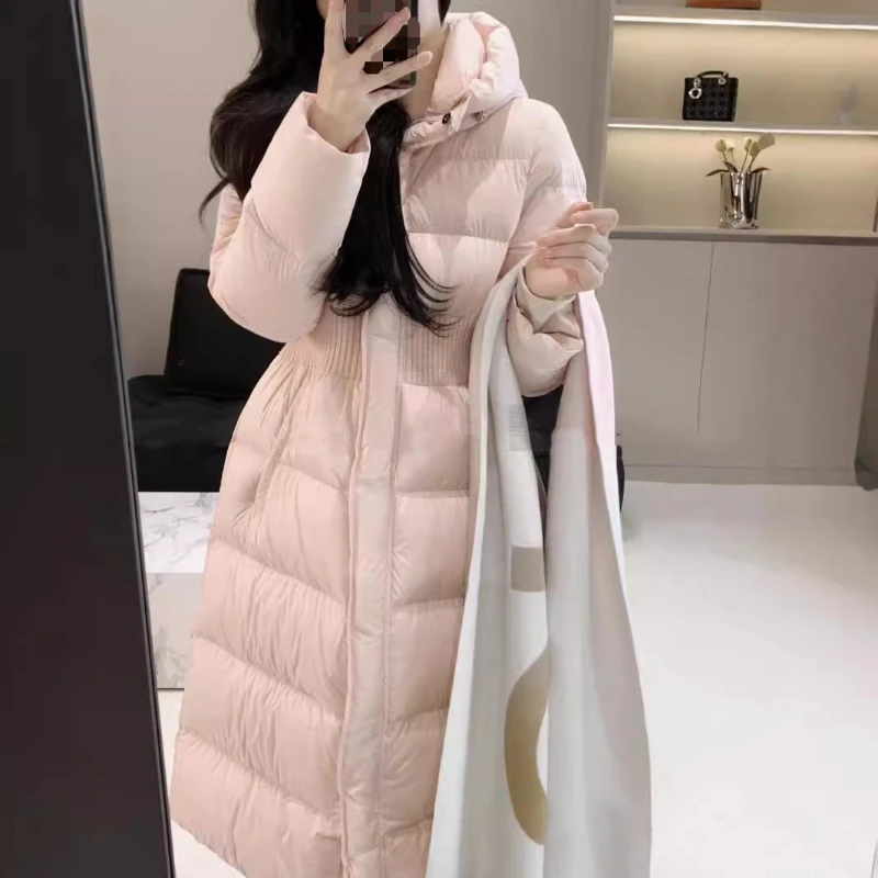 Women's Winter Jacket Long Down Coats Knit Patchwork Simple Trendy Parka Windproof Thick Warm Waist Hooded Snow Down Jackets